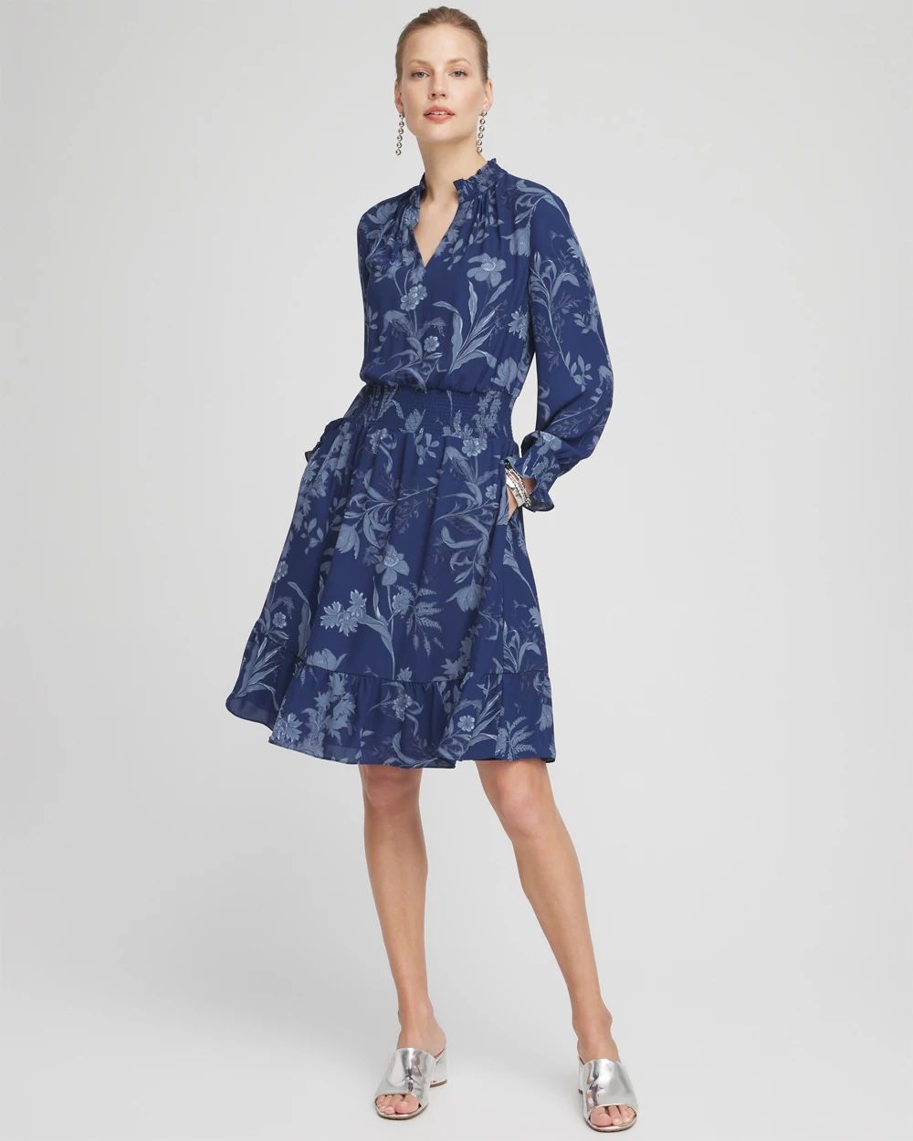 CHICO’S Floral Ruffle-Sleeved Midi Dress Size 6
